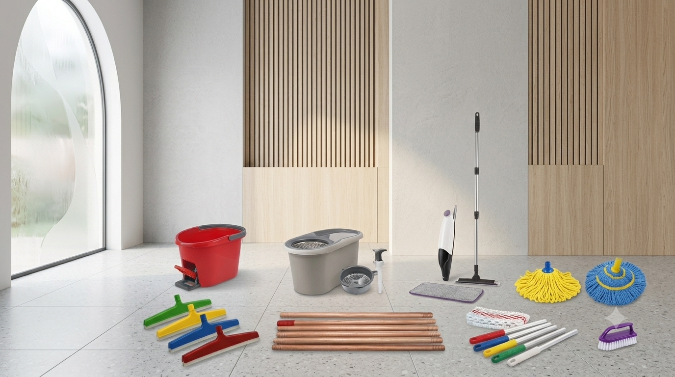 Lonetex cleaning products displayed at the showroom — mops, buckets, handles, and supplies